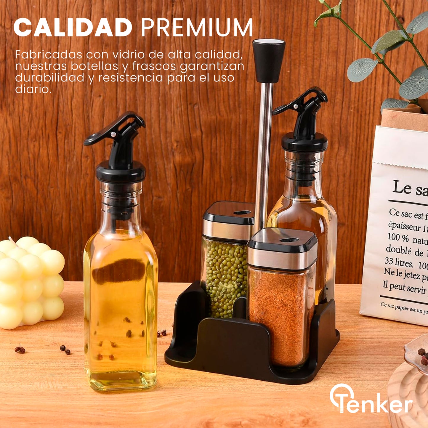 Juego de Dispensadores y Frascos de Vidrio para Cocina (4 Piezas)