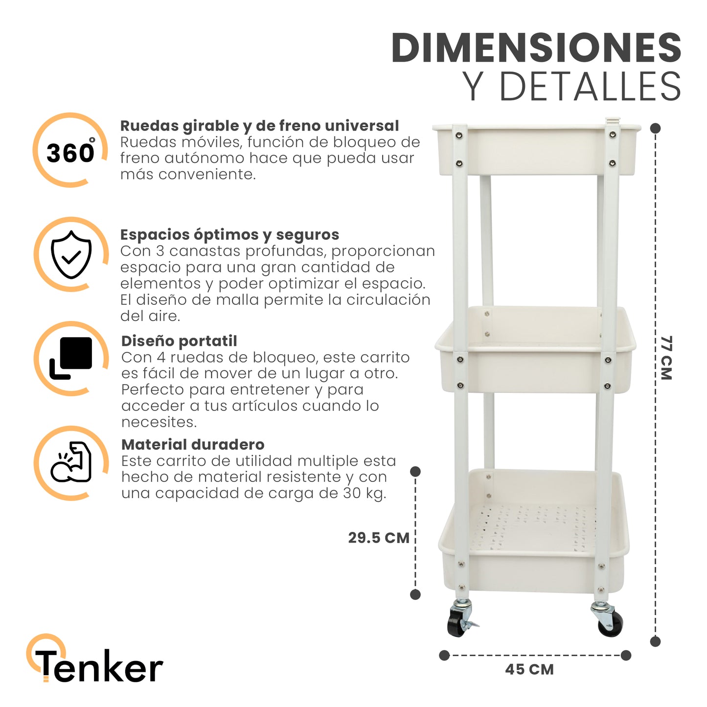 Carrito Organizador Multiuso de 3 Niveles con Ruedas