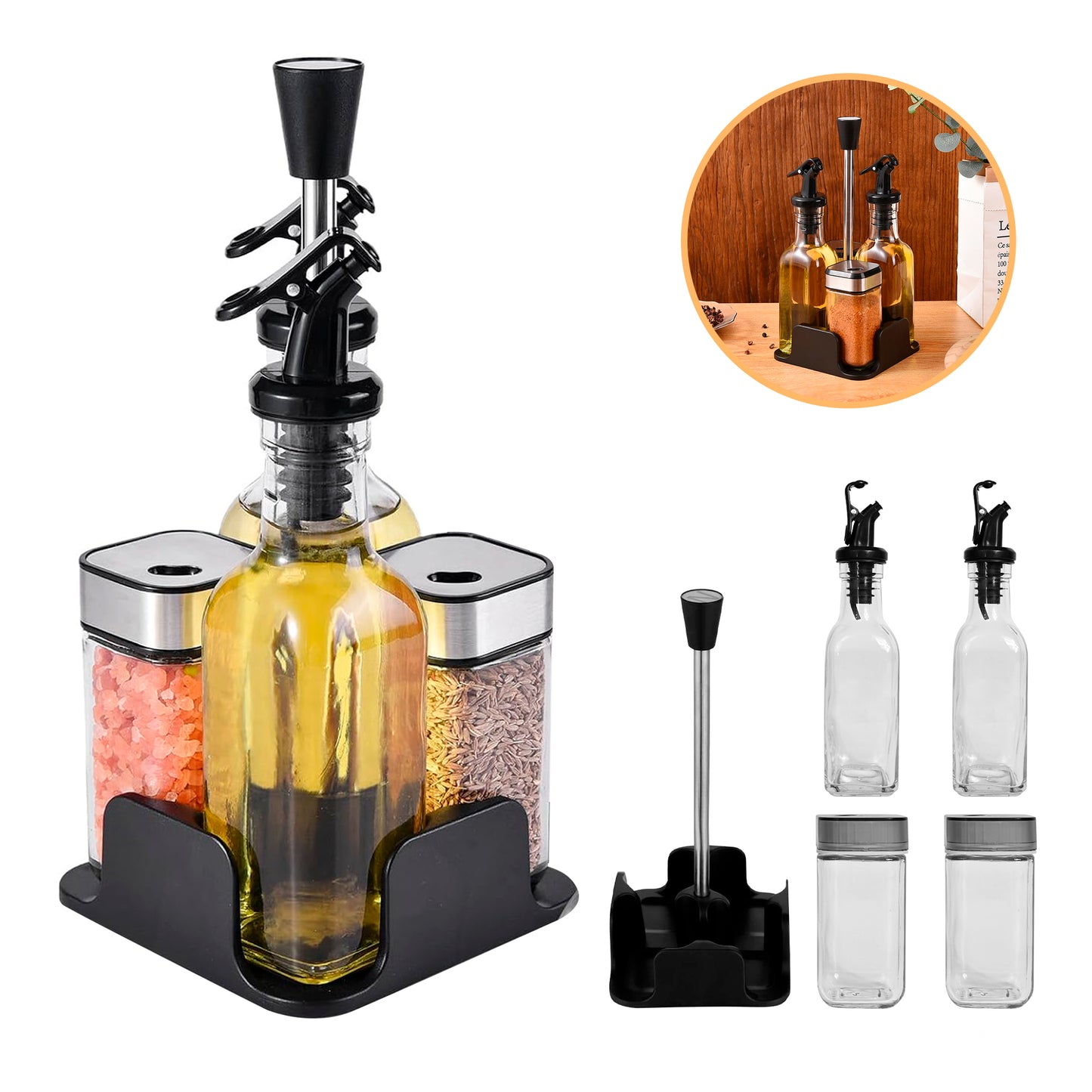 Juego de Dispensadores y Frascos de Vidrio para Cocina (4 Piezas)