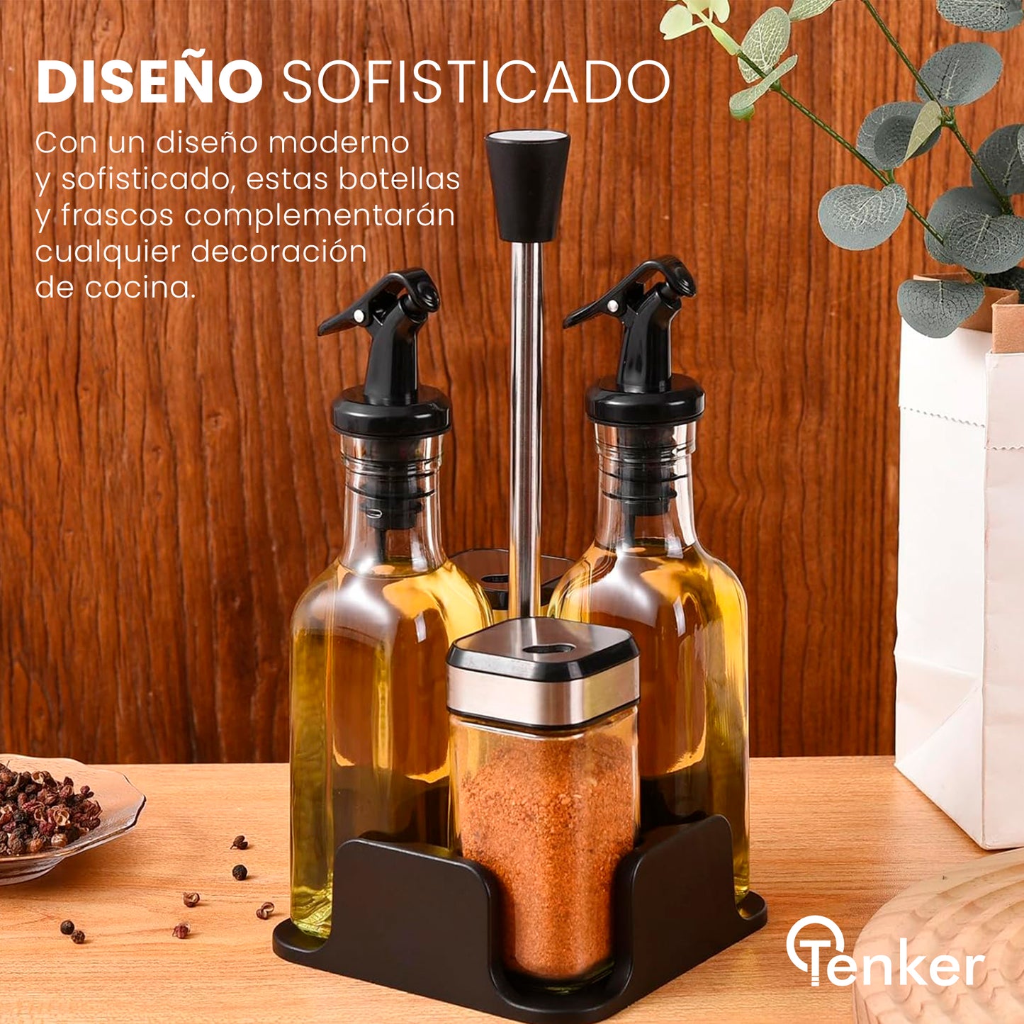 Juego de Dispensadores y Frascos de Vidrio para Cocina (4 Piezas)