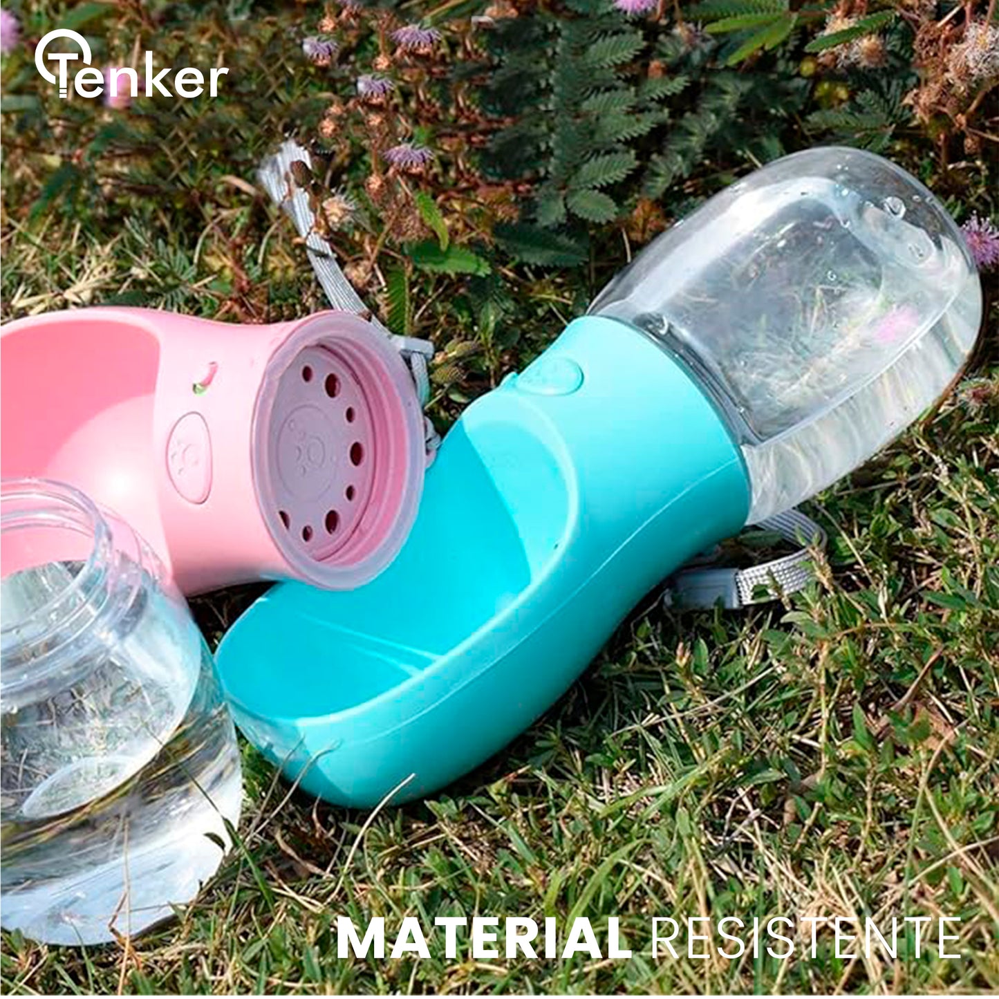 botella de agua para perros azul y rosa