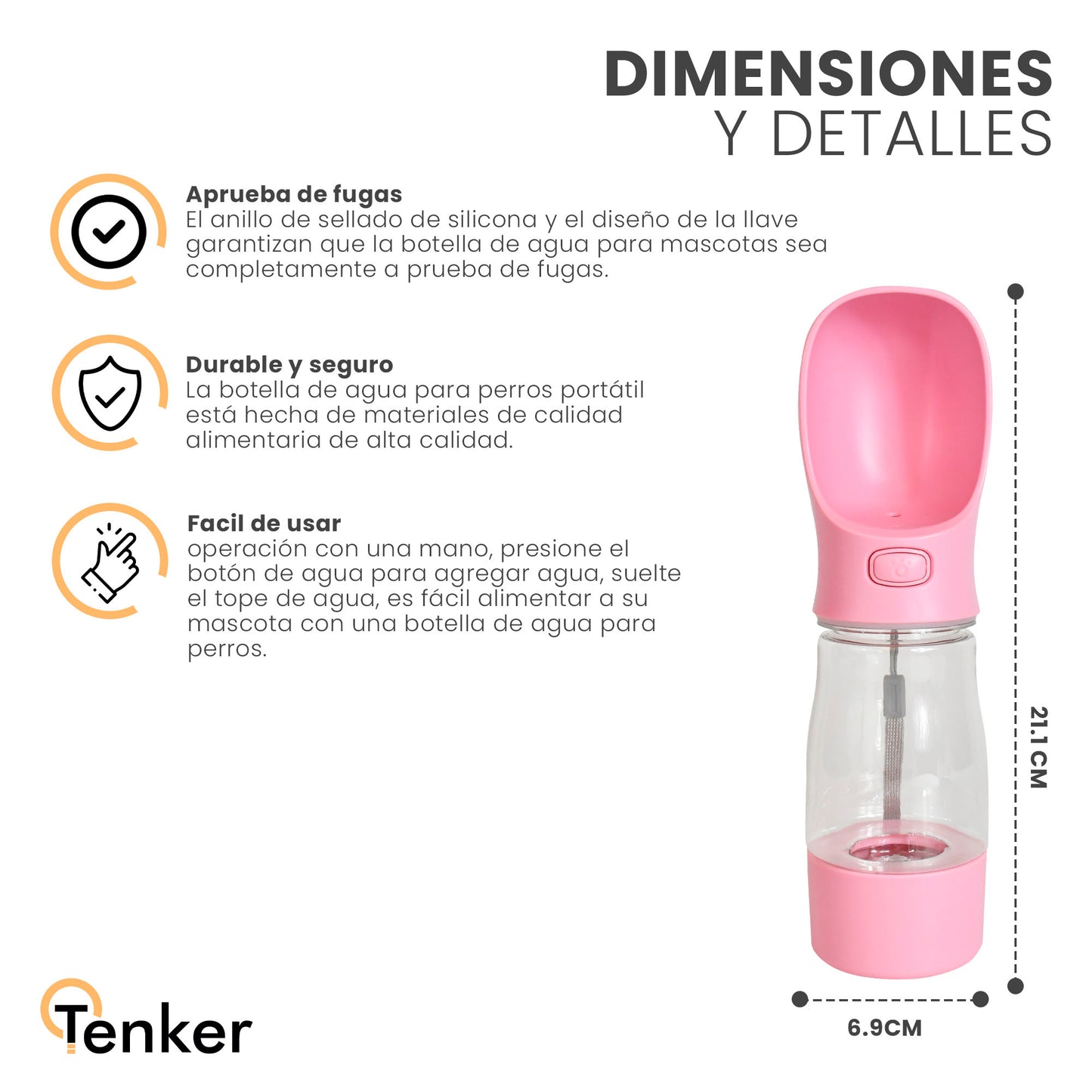 botella de agua para perros rosa detalles